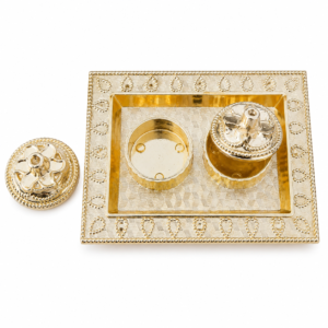 Premium Brass Kumkum Chawal Holder with Decorative Tray – Dual Pooja Storage Box