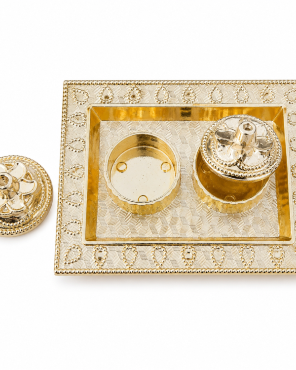 Premium Brass Kumkum Chawal Holder with Decorative Tray – Dual Pooja Storage Box