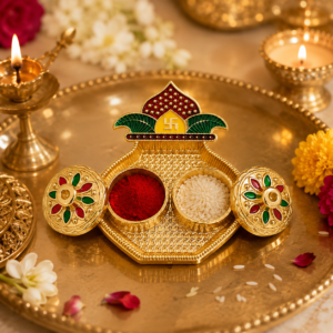 Premium Brass Pooja Thali with Dual Kumkum Chawal Holder – Traditional Prayer Set