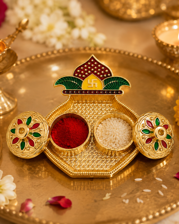 Premium Brass Pooja Thali with Dual Kumkum Chawal Holder – Traditional Prayer Set